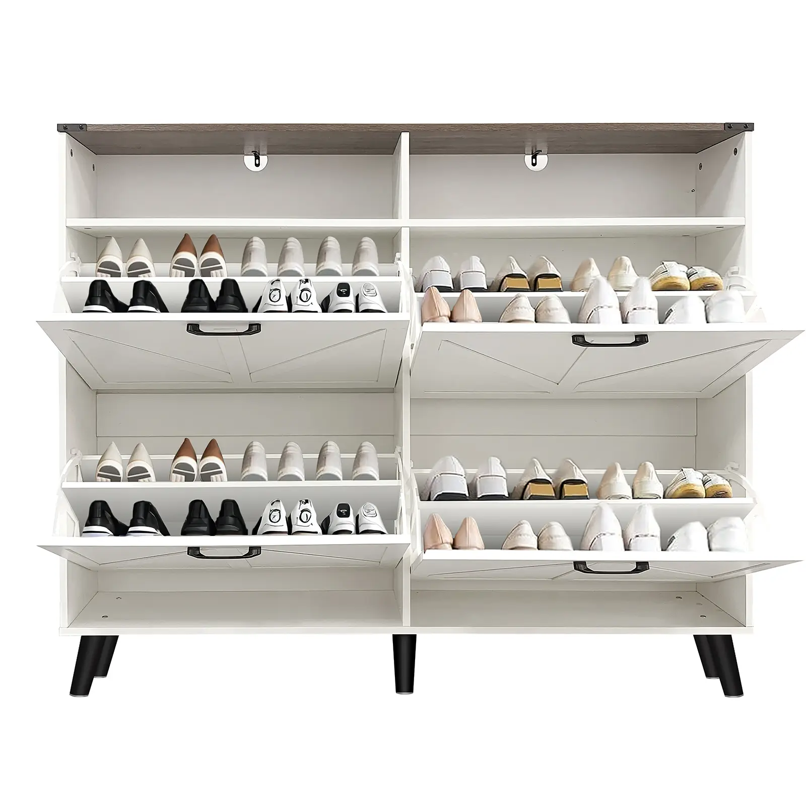 Farmhouse Shoe Storage Cabinet – 4 Turn Drawers, Barn Door Accent, Open Shelves, Slim Narrow Freestanding Organizer for Entryway, Hallway, Foyer, Living Room