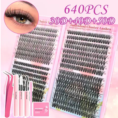 640PCS Lash Cluster Kit, Eyelash Clusters, False Lash Extensions, 30D 40D D Curl, Soft Lashes for Natural or Dramatic Look, No Salon Needed, With Tweezers & Glue, Easy DIY at Home, Beginner-Friendly, Long-Lasting Hold