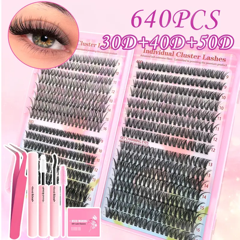 640PCS Lash Cluster Kit, Eyelash Clusters, False Lash Extensions, 30D 40D D Curl, Soft Lashes for Natural or Dramatic Look, No Salon Needed, With Tweezers & Glue, Easy DIY at Home, Beginner-Friendly, Long-Lasting Hold