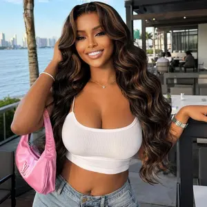 UNice 7x5 200% Byebye Slip Lace Closure Wig Black with Caramel Highlights Body Wave Glueless Human Hair Wig with Drawstring