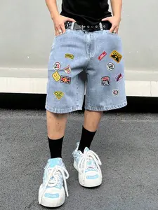 Men's Loose-Fit Denim Jorts Shorts, Graphic, High Street Style, Summer Casual Wear, Music Festival, Wide Leg Half Pants
