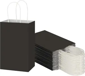 50 Pack 5.25x3.25x8.25 Inch Small Black  Paper Bags with Handles Bulk,  Wrap Bags for Favor Grocery Retail Party Birthday Shopping Business Goody Craft Merchandise Take Out Cub Sacks