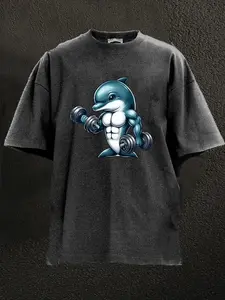 DUMBBELL WEIGHTLIFTING MUSCULAR DOLPHIN WASHED GYM SHIRT for Him, Motivated Gym T-shirt, Fitness gift for Workout Enthusiasts, Weightlifters, Bodybuilding Shirt, Pump Cover Gym Tee for Men Women