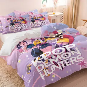 K-pop Anime Girl Group Starlight Duvet Cover Set, 1 Duvet Cover + 1/2 Pillowcases, No Core, Purple Pastel Print with Idol Trio & Hearts, Soft Cozy Breathable All-Season Bedding for Teens & K-pop Fans Bedroom & Dorm Decor