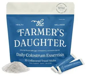 THE FARMER'S DAUGHTER Colostrum Powder with Vitamin C, D3 + K2 for Gut Health & Bloating, Hair, Skin & Nails, Immunity, Grass Fed 50% IgG Supplement, Unflavored, 30 Individual Travel Stick Packs