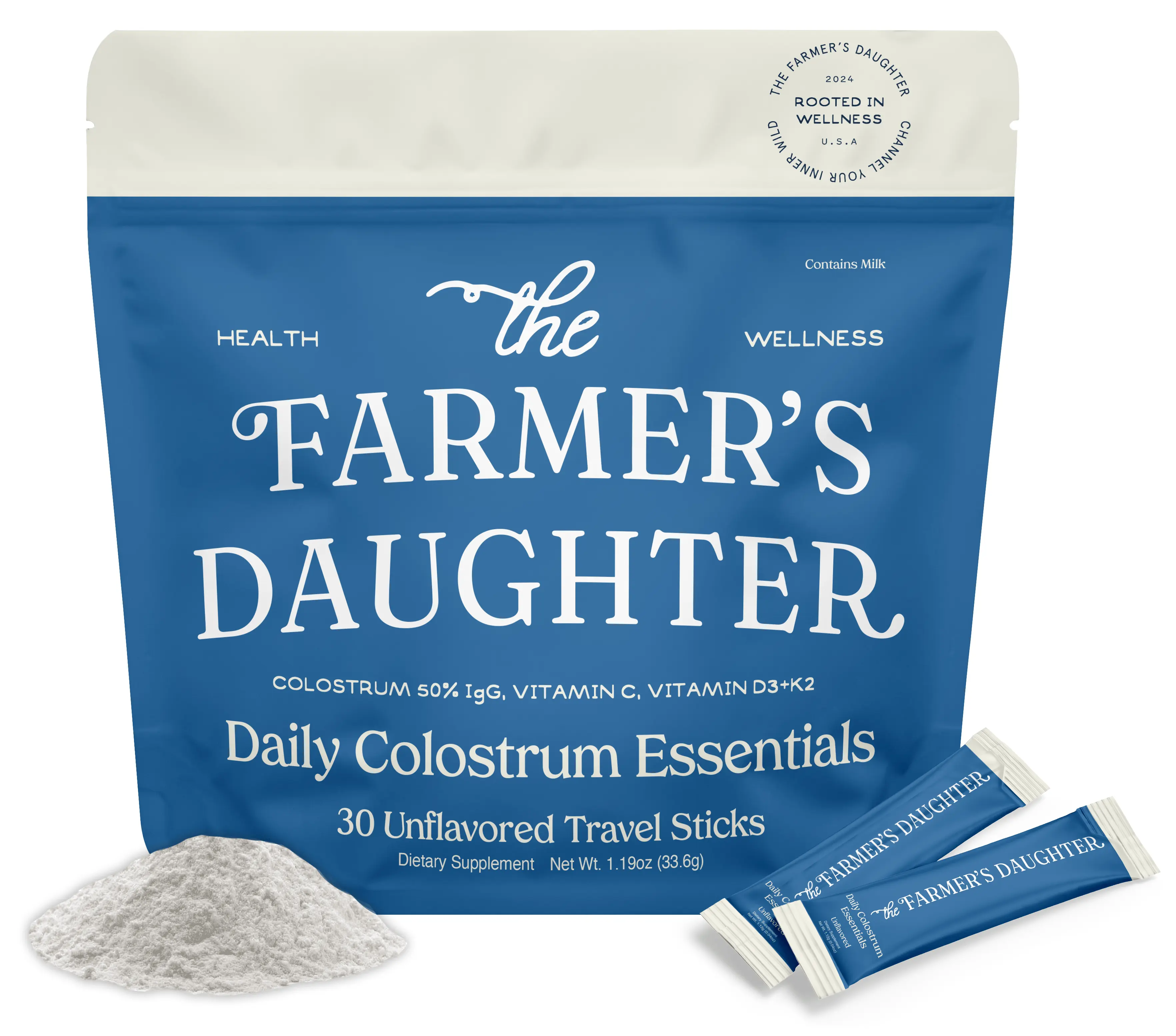 THE FARMER'S DAUGHTER Colostrum Powder with Vitamin C, D3 + K2 for Gut Health & Bloating, Hair, Skin & Nails, Immunity, Grass Fed 50% IgG Supplement, Unflavored, 30 Individual Travel Stick Packs