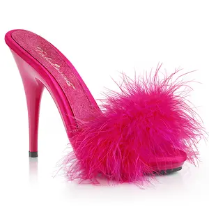 POISE-501F 5 Inch Heel Hot Pink Fur Stiletto Sandals for Women - Elegant Slip-On Summer Footwear with 3/8" Platform