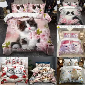 3pc Duvet Cover Set, Floral Cat Design, Cute and Fresh, All Seasons, Home Decor, Ideal for Dorms and Festivals, One Size