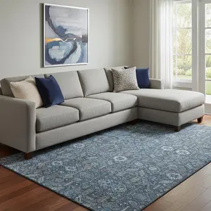 HomeRoots 649858 10x14 ft. Blue & Ivory Tribal Washable Machine-Made UV-Protected Rectangle Area Rug, a Blue-and-White, Dual-Color Option, Blue-And-White Area Rugs, Dual-Color Area Rugs