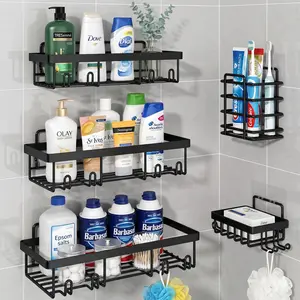 5-Pack No-Drilling Shower Organizer Set - Rust-Proof Stainless Steel Bathroom Storage, Damage-Free Wall Mount Rack with Soap Holder for Shared Bathroom Costco Size College Dorm Room RV Living Glam Station