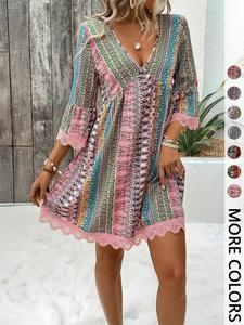 Women's Bohemian Style Vacation Valentine's Day V-Neck Long Sleeve Lace Trim Dress, Womenswear, Elegant Party Wear, Comfortable & Stylish