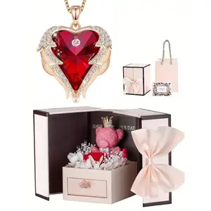 Gifts for Girlfriend, Heart Shaped Pendant Necklace with Rose Gift Box, Rhinestone Decor Necklace for Women for Birthday Gift, Elegant Jewelry for Party, Daily Decor Valentine's Day, Gift for Her, Mother's Day Gifts, Gift Set for