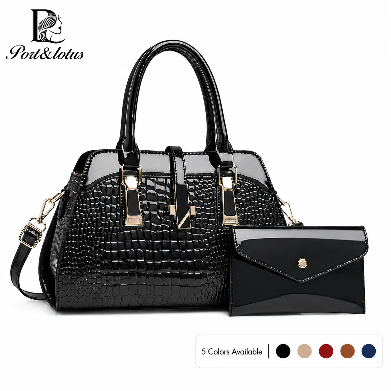 PORT&LOTUS Women's Crocodile Pattern Purse, Chic Top Handle & Crossbody Faux Leather Bag with Wallet, 2 Piece Sets for Work and Travel