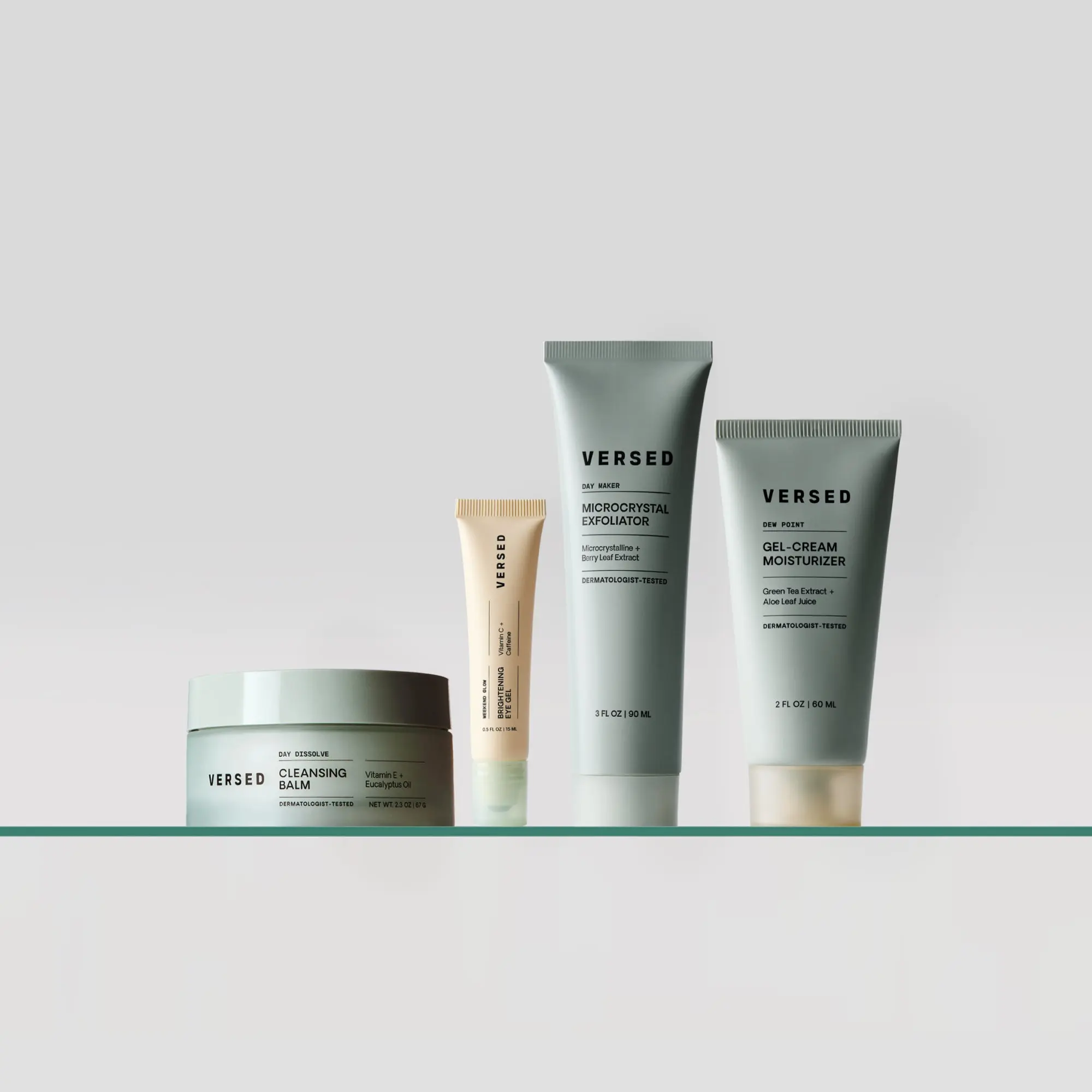 Versed Bestsellers Bundle - Cleanse, Exfoliate & Hydrate Skincare Bundle with Cleansing Balm, Microcrystal Exfoliator, Gel-Cream Moisturizer & Brightening Eye Gel – Daily Skincare Essentials for Smooth, Glowy Skin
