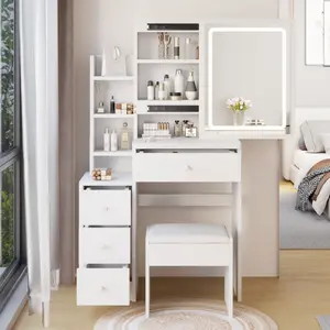 29.2" Small Makeup Vanity Desk Set, Left Bedside Cabinet Vanity Table + Cushioned Stool, Large Sliding, Touch Control, Tri-color Switching, Brightness Adjust LED Mirror, High Capacity Storage, Suitable for Small Space, White