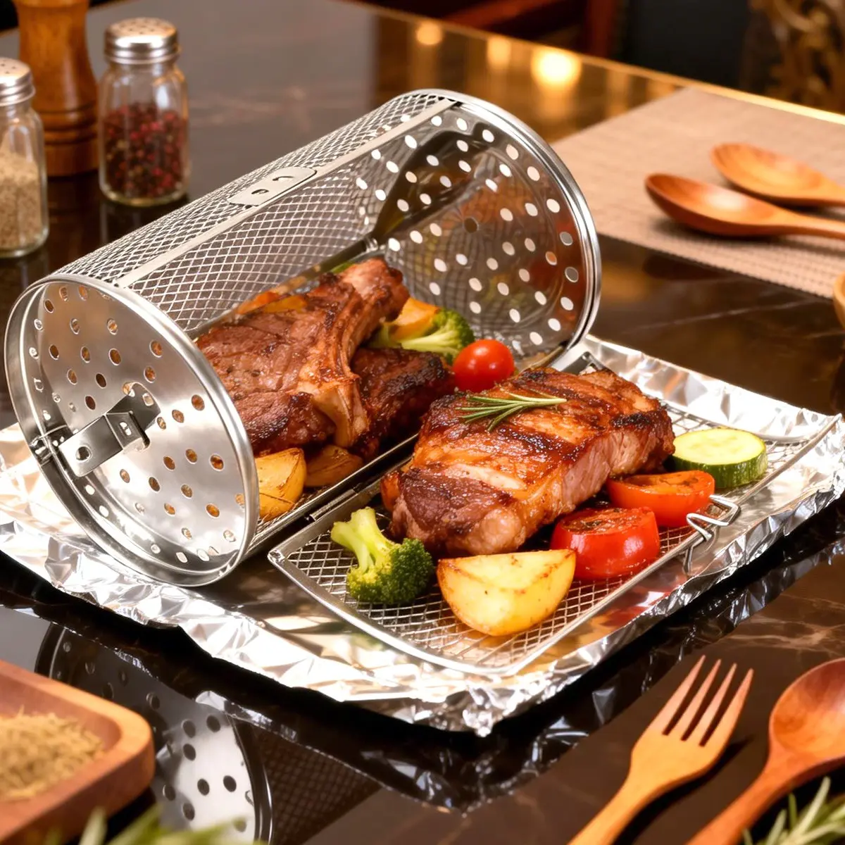 Rotisserie Basket 360-Degree Rotating for Air Fryer & Oven, Durable Stainless Steel, Movable Door, Perfect for Peanut, Dried Nut, Chicken Wings, BBQ, Air Fryer Accessories