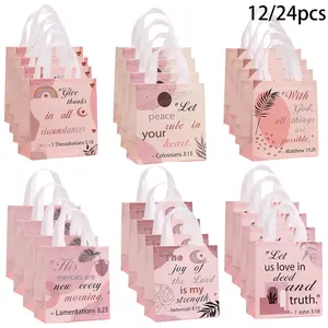 12/24Pcs Religious Gift Bags for Women, Non Woven Christian Gift Bag with Handle, Reusable Religious Baptism Bible Verse Tote for Catholic Theme Party Favors, Faith Based Gift
