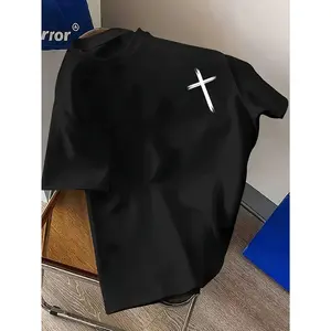 Boys' Casual Short-Sleeve T-Shirt with Cross Print, Fashionable Outdoor Sports Spring/Summer Single-Layer Base Layer Top, Round Neck Tee for Back-to-School Season. (Note: Other Accessories Pictured Are Not Included for.), for Teenager