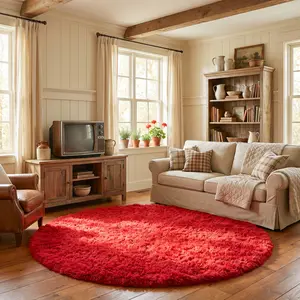 Round Fluffy Shaggy Rug, Soft Red Circle Non-Slip Area Rug, Plush Bedside Carpet for Bedroom Dorm Nursery Playroom, Aesthetic Home Decor Living Room Floor Mat