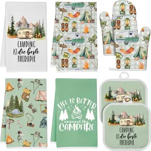 Hahafelt 8 Pcs Camping Kitchen Gift Dish Towel Pot Holder Oven Mitt Set 4 Bonfire Tent Car Tea Towels with Funny Sayings Novelty 2 Oven Mitts 2 Pot Holders Camping Accessories Decor for Rv Campers