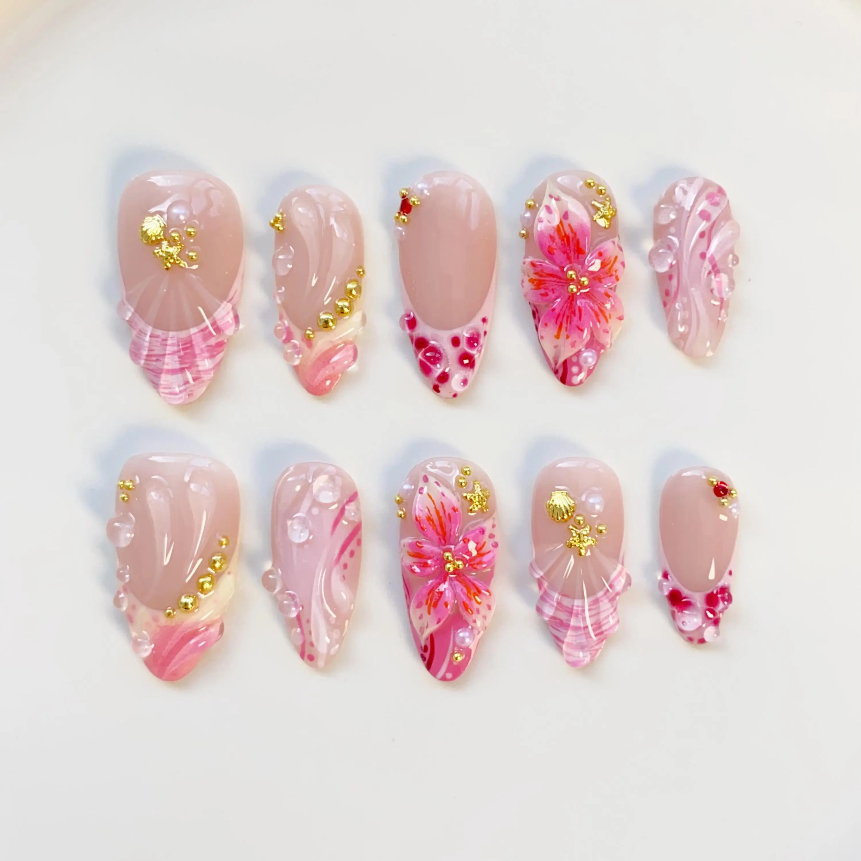 Summer freestyles Pink Orange Press on nails long almond nails/Shell Nails/Pink Nails/Bloom Flower Nails/Holiday Nails/Summer Nails French