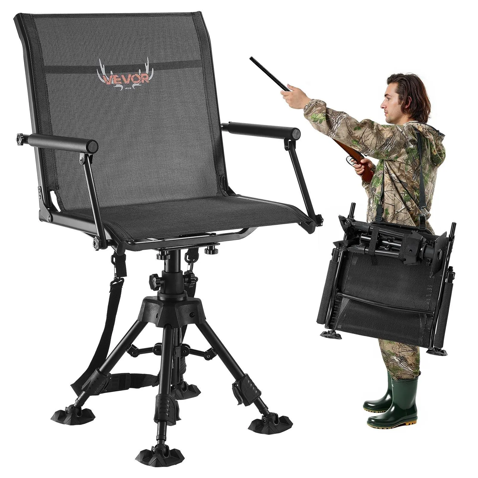 【SummerFinds】VEVOR Hunting Chair, 360° Silent Swivel, Foldable Portable Blind Chair, Heavy-Duty Steel Frame Ground Stool Seat,with Armrests, Anti-Sink Feet, Height Adjustable, 350 Lbs Capacity for Fishing Camping