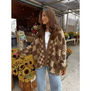 Women's Trendy Checkerboard Knit Cardigan with Lantern Sleeves, Retro Loose Fit Outerwear for Autumn and Winter, Stylish Warm Sweater, Lady