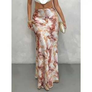 Women Elegant Versatile A-Line Midi Skirt With Allover Print, Maxi Satin Skirt Womenswear Bottom