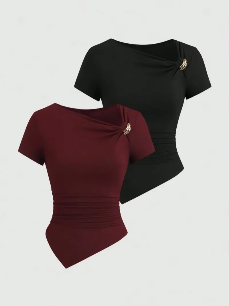 Women's Plain Knit Casual Asymmetrical Neckline Metal Decorative Button Slim Fit Short Sleeve Top, Perfect for Daily Fashion