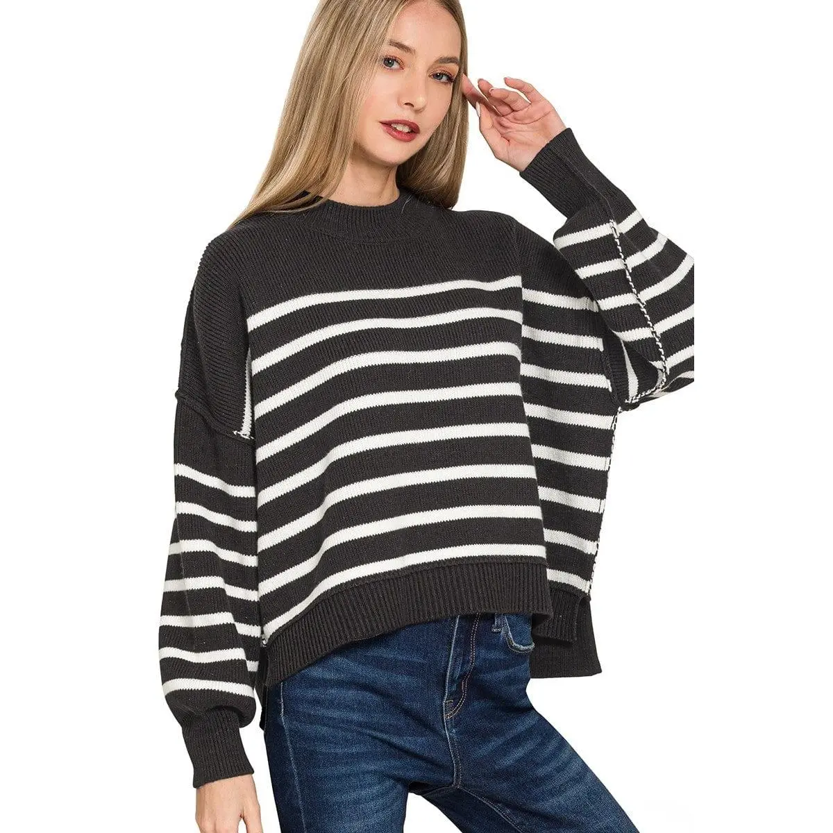 Women's Oversized Striped Cotton Sweater, a Casual Drop Shoulder Knit Top with Exposed Seams and Full Sleeves, Fit, Piece, Long Sleeve, Tops, Oversized Look, Round Neck, Loose-Fitting, Pull On, Fabric, Ribbed, Knitwear, Twist, Cuff Sleeve