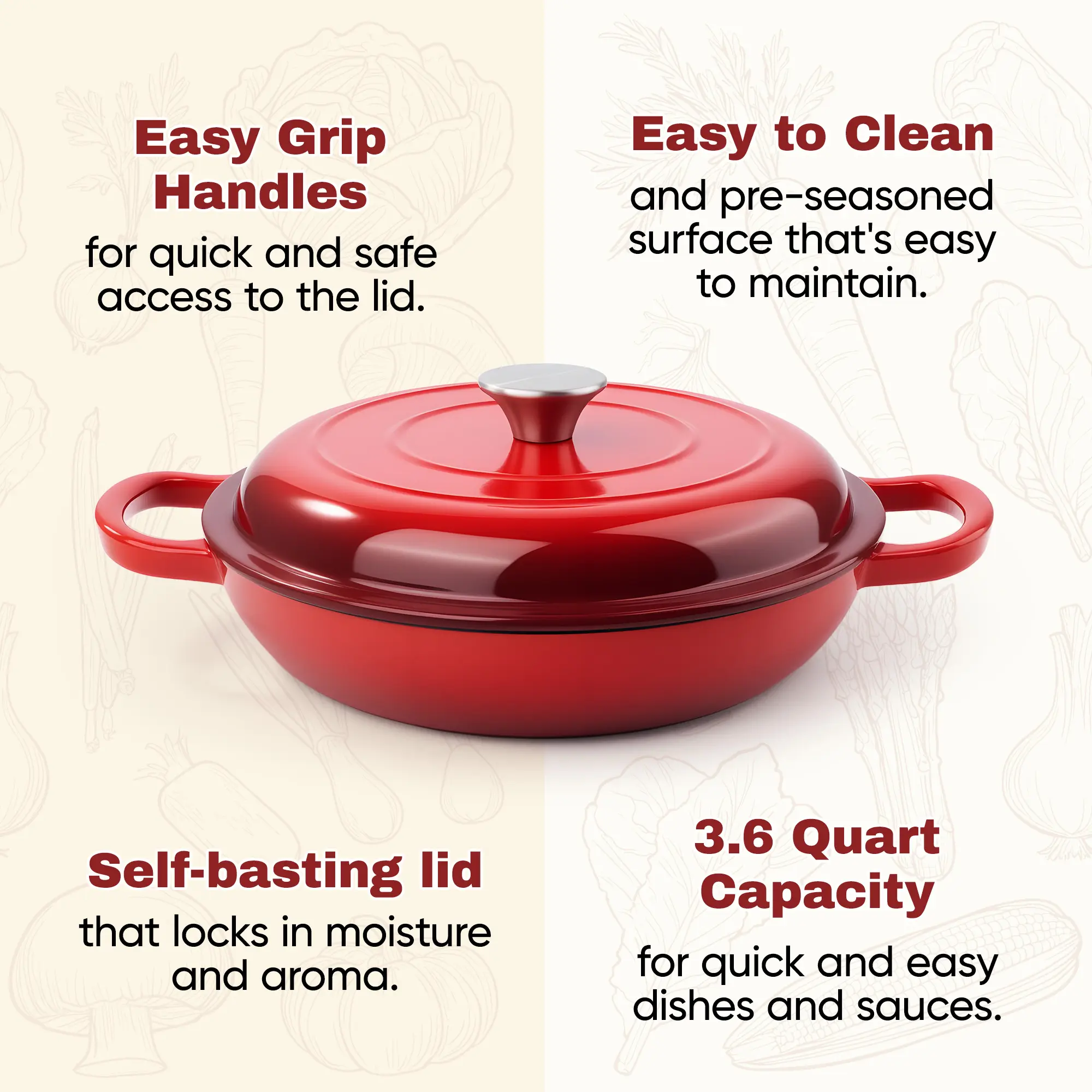 Vintage Style 3 Quart Enameled Cast Iron Braiser, Non Stick Enameled Cast Iron Skillet with Lid, Dutch Oven Skillet with lid up to 500°F for Oven, Stove, Grill, Shallow Dutch Oven for Cook