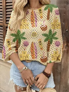 Spring & summer Bohemian knit top, Womenswear, round neck, hollow-out batwing sleeves, loose fit. Contrast all-over print, lightweight. Perfect for daily, commute, vacation & beach bikini cover-up.