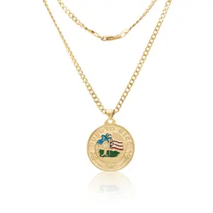Gold Puerto Rico Flag Necklace 14k Heavy Plated Gold Unisex Medium 3mm Curb Chain 26mm Pendant Lifetime Guarantee