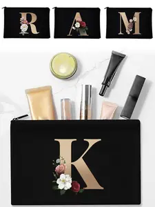 Creative Floral & Letter Pattern Cosmetic Bag, Wedding Bridal Bridesmaid Makeup Bag, Portable Zipper Travel Storage Toiletry Pouch