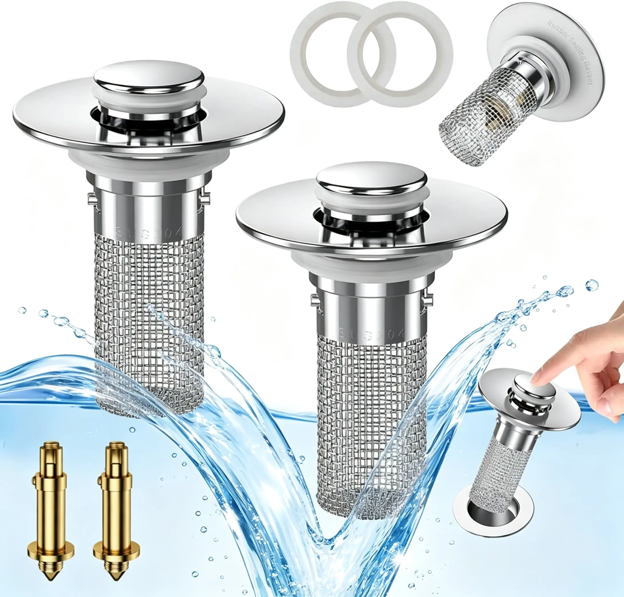 drain strainer,Pop-up bathroom sink drain stopper with removable stainless steel strainer basket to catch hair and prevent clogs.