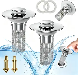 drain strainer,Pop-up bathroom sink drain stopper with removable stainless steel strainer basket to catch hair and prevent clogs.