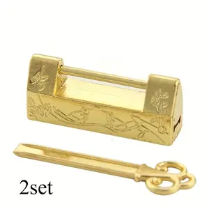 2set Chinese Vintage Antique Locks Old Style Lock and Key Excellent Brass Carved Word Padlock Home Security Lock