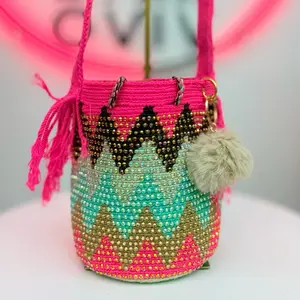 Rhinestone Mini Wayuu Bag | Handmade Beaded Crossbody Bucket Bag | Boho Chic Sparkly Purse for Women