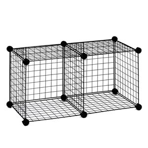 AllGoNicer 2-Cube Wire Grid Storage Shelves Black 14" Interlock Stackable Cubes Sturdy Heavy Duty Floor-Stand Wall-Hang with Lockable Corner Connectors