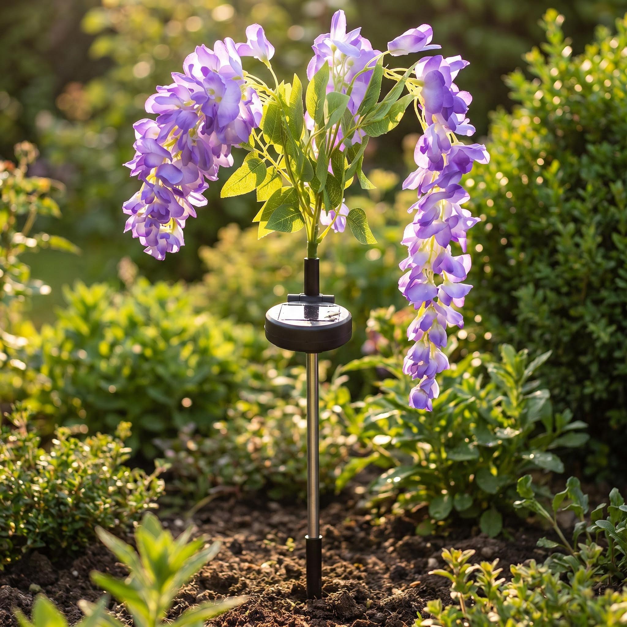 【AshKnoll】Solar Wisteria Flower Bouquets Ground-Stake String Light, Wireless Waterproof Artificial Decor with Ground Insertion for Garden, Patio, Potted Plants