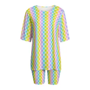 Pastel Rainbow Checkerboard Lounge Set | Cute Matching Biker Short Set | Plus Size Friendly