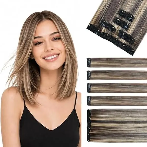 Short Clip In Hair Extensions - Pure Protein Fiber Close to Human Hair, Short Hair Extensions Clip ins for Add Volume and Highlights, Matte Finish Hairpieces 5 Pieces 50g 10 inch
