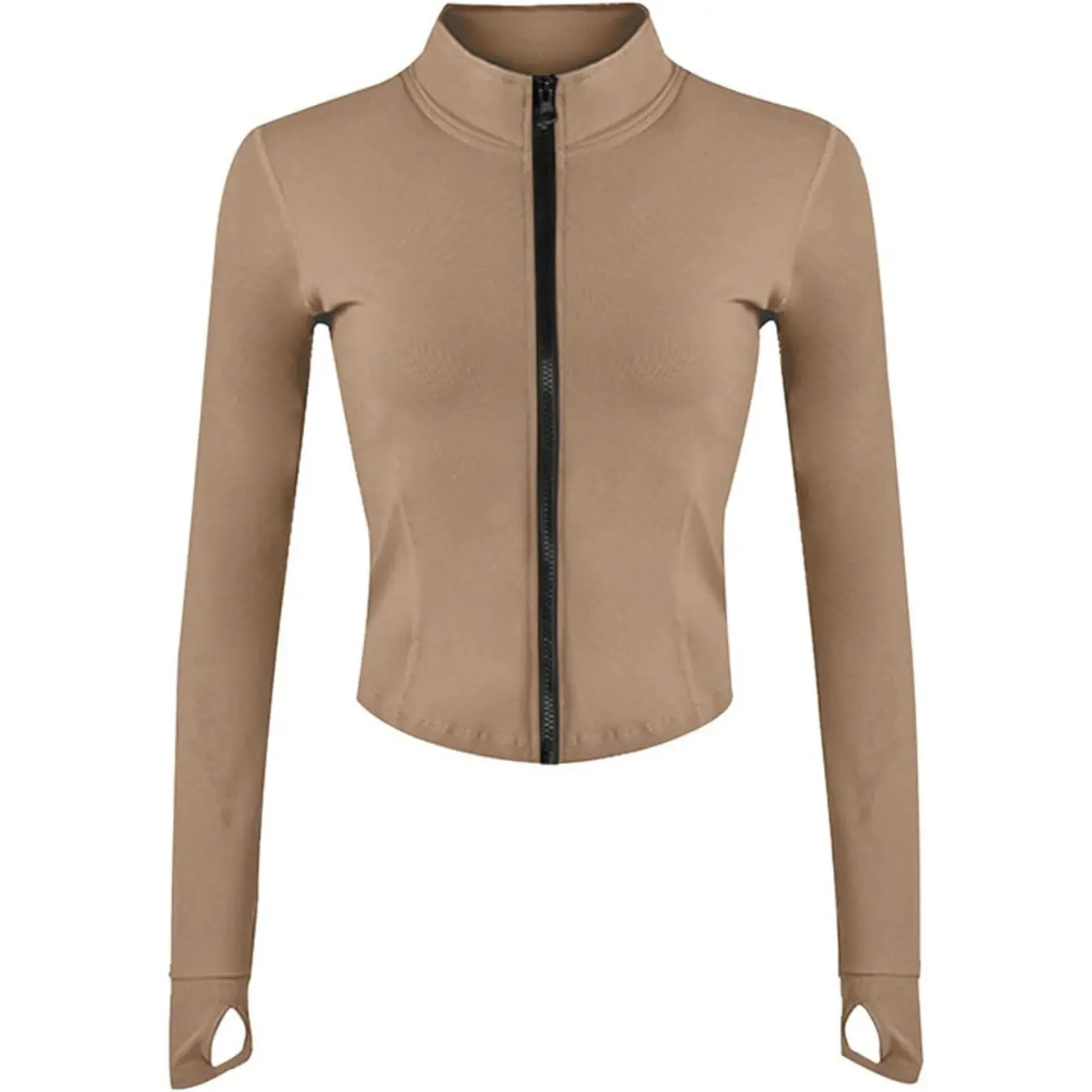 Women's Nylon Athletic Full-Zip Lightweight Cropped BBL Jacket Top - Slim-Fit Long Sleeve Sportswear with Thumb-Hole Sleeves, Breathable Fabric for Running, Yoga, Outdoor Use, Black Coat