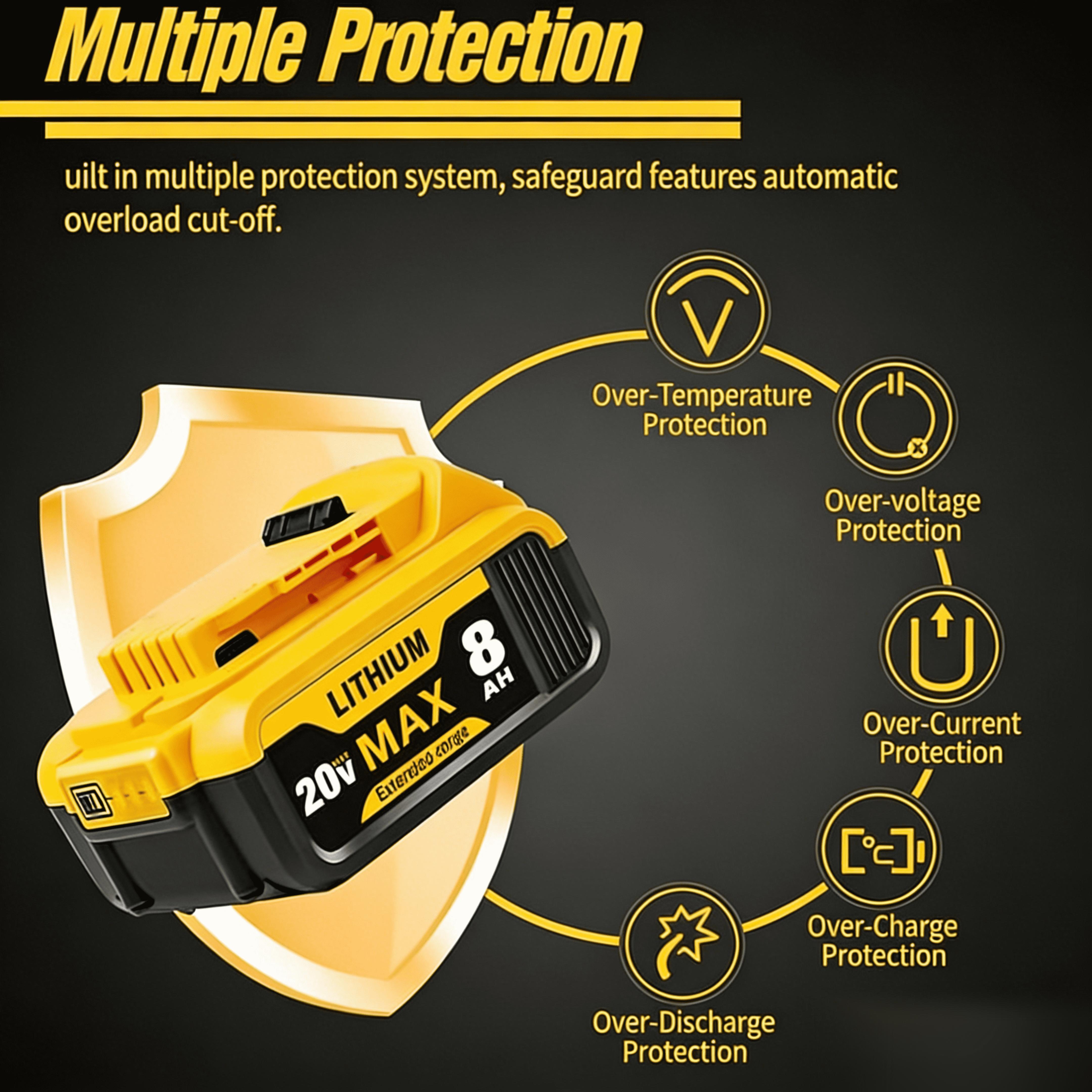 [ Buy One Get Three ] Lithium Battery 20V 8.0Ah Plastic Tube Thread Machine Battery Pack High Capacity Excellent Compatibility Extended Range DCB200 DCD/DCF/DCG/DCS Series Lithium-Ion Replacement Battery High Capacity Cordless Power Tool Battery