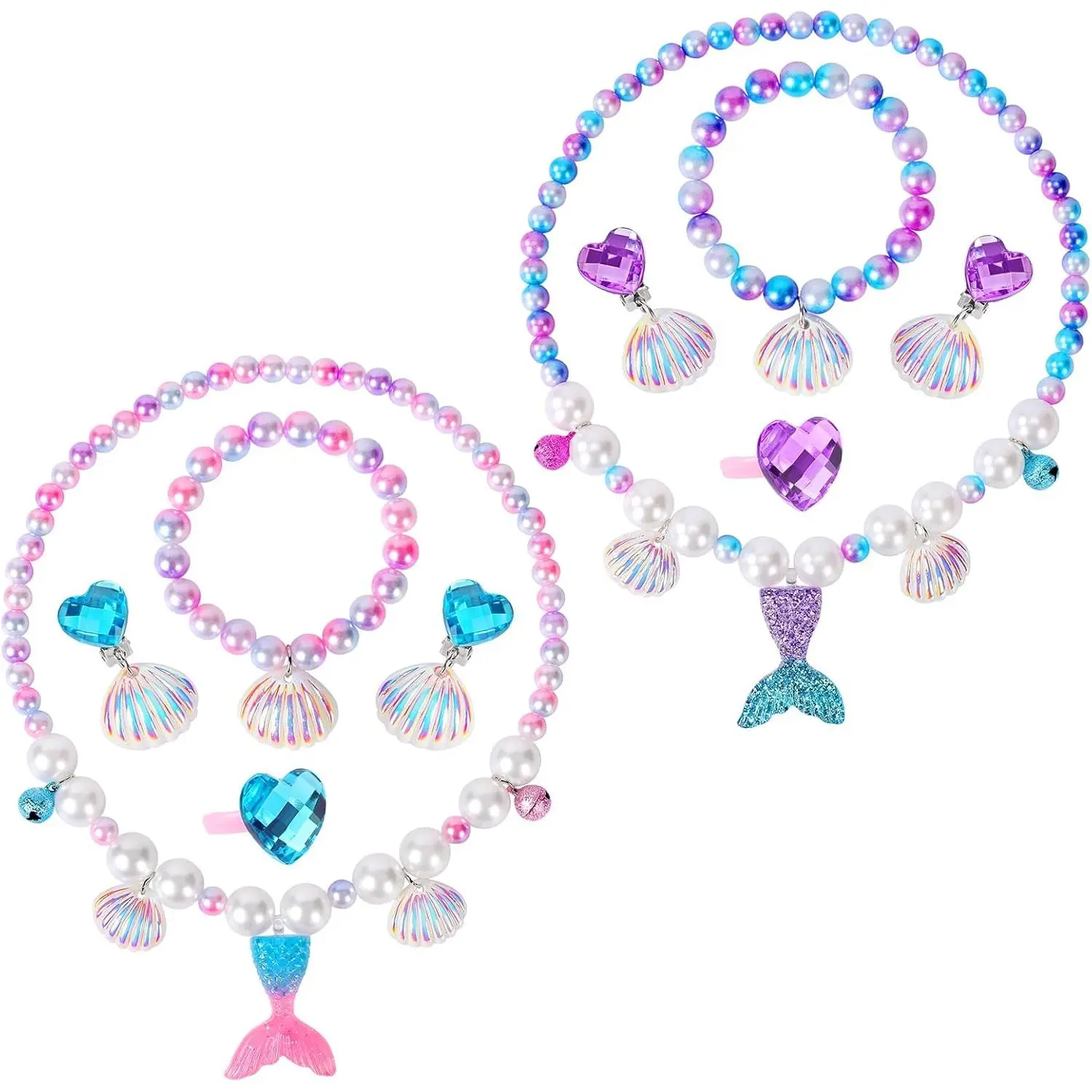 Girls' Mermaid-Themed Resin Plastic Princess Cosplay Jewelry Sets (2 Pack) - Elastic Design, Shell Motifs, Ages 3-8, Includes Necklace Bracelet Ring, Comfortable Fit for Halloween Party, Improves Social Skills, Promotes Creativity