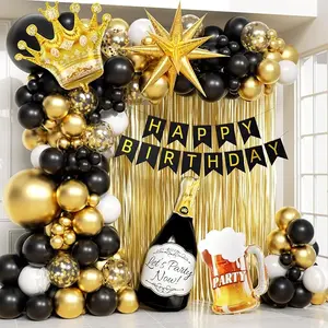107pcs Black Gold Birthday Decorations for Men with Black and Metallic Gold Foil Balloons Happy Birthday Banner for 16th 18th 21st 24th 32th 40th 50th 60th Birthday Decorations for Men