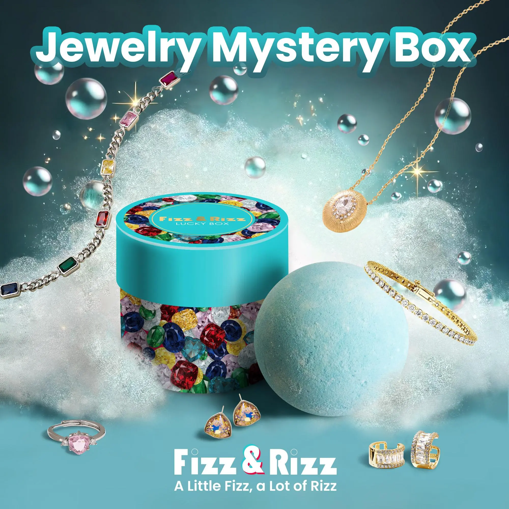 Fizz and Rizz Jewelry Mystery Box – Random Fine Jewelry Necklace, Earrings, Bracelet, Ring & Charm – Cute Surprise Gift for Parties, Valentine's Day, Mother's Day – Fizz Bomb Reveal