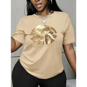 Women's short-sleeve top with gold-embossed large lips, luxurious and high-end print, round neck, machine washable, comfortable, soft, breathable, suitable for spring, summer, and autumn. New recommended style, loose and casual