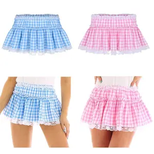 Women Dorothy Skirt Sissy Gingham Mini Skirt Y2k Pleated A Line Skirt Lace Layered Ruffle Skirt Party Costume