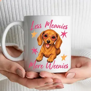 Less Meanies More Weenies Mug, Retro Dachshund Mom Trend, Cozy Coffee Break Decor, Positive Vintage Aesthetic, Gift for Dog Moms
